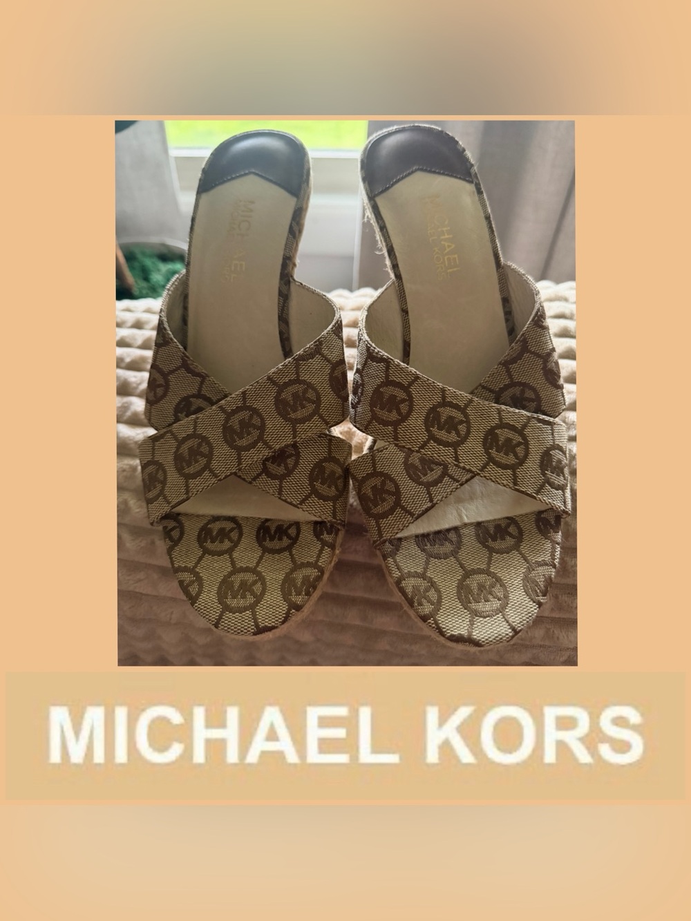 NEW!! Michael Kors Kenzie espadrille wedge sandals brown and tan monogram print